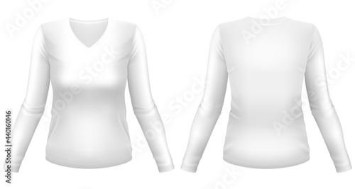Blank white V-neck long sleeve shirt template. Front and back views. Vector illustration.