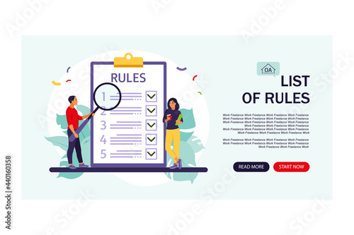 People studying list of rules, making checklist, reading guidance. Landing page. Vector illustration. Flat style