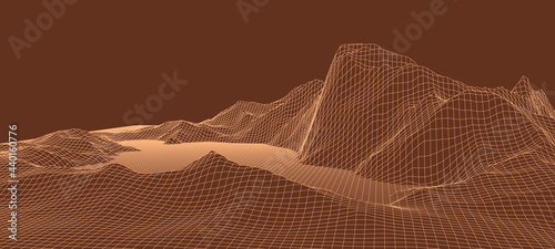 Futuristic wireframe landscape background. Digital retro landscape 1980s style. Vector illustration.