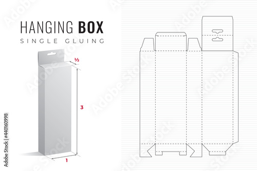 Hanging Packaging Box Die Cut Half Length Triple Height Template with 3D Preview - Black Editable Blueprint Layout with Cutting and Scoring Lines on Striped Background - Draw Design