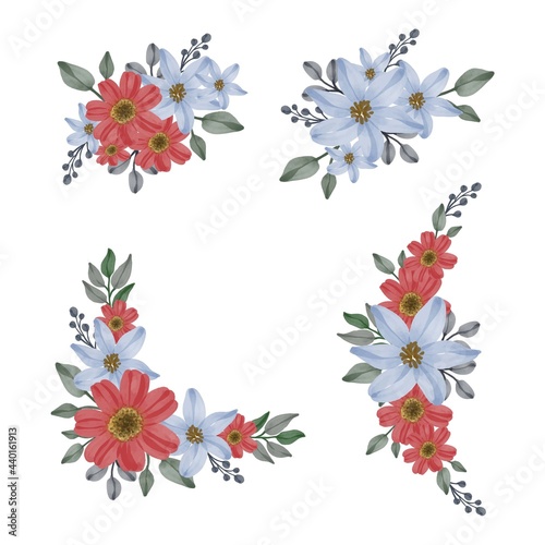 Set of blue and red watercolor bouquet. floral vector design