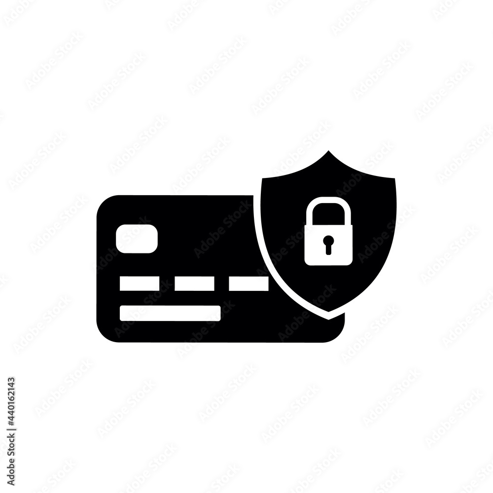 The bank card is protected. The icon of a bank card and a shield with a closed lock. Secure payments and online financial transactions. Vector solid black icon isolated on a white background The bank card is protected. The icon of a bank card and a shield with a closed lock. Secure payments and online financial transactions. Vector solid black icon isolated on a white background