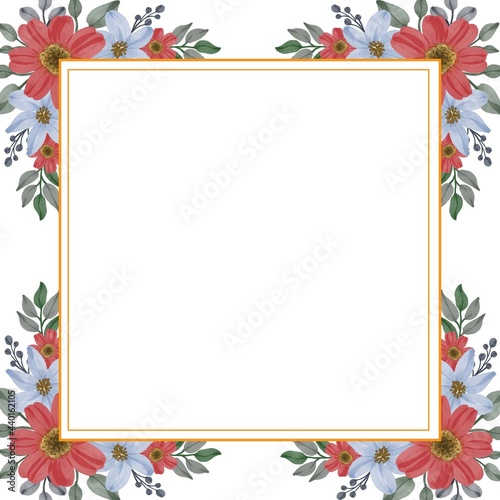 set floral watercolor of red and blue in gold square frame for wedding card