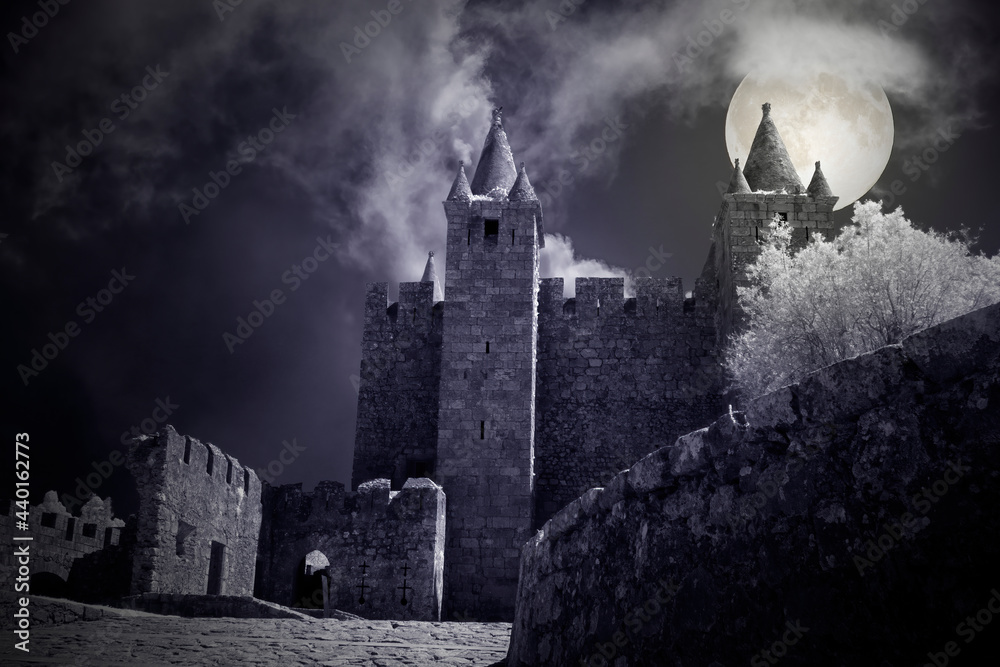 Fototapeta premium Castle in a foggy full moon night