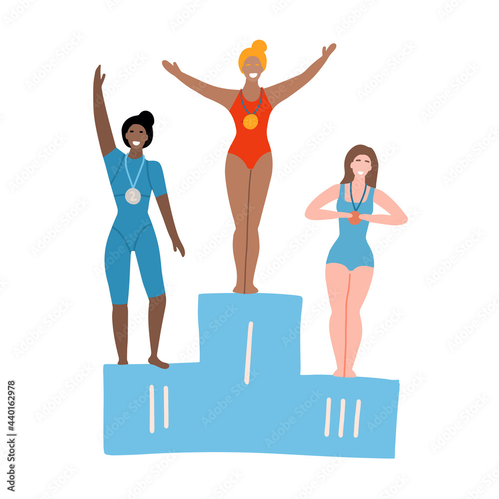 Female athletes are receiving medals and trophies. Female swimmers of