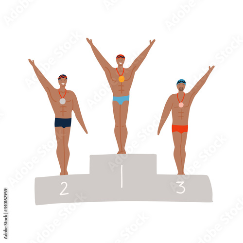 Male swimmer on olympic podium. Handsome athletes at the awards ceremony. Flat hand drawn vector illustration.