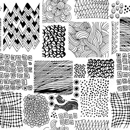 Seamless pattern with black hand drawn elements on white background.