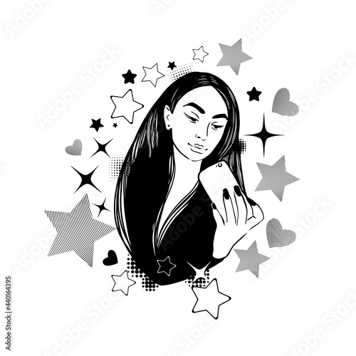 The girl takes pictures of herself on the phone. Vector illustration