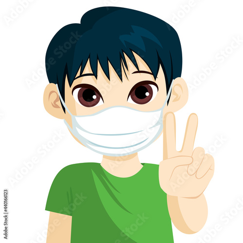 Cute little asian boy wearing medical face mask making victory sign hand gesture
