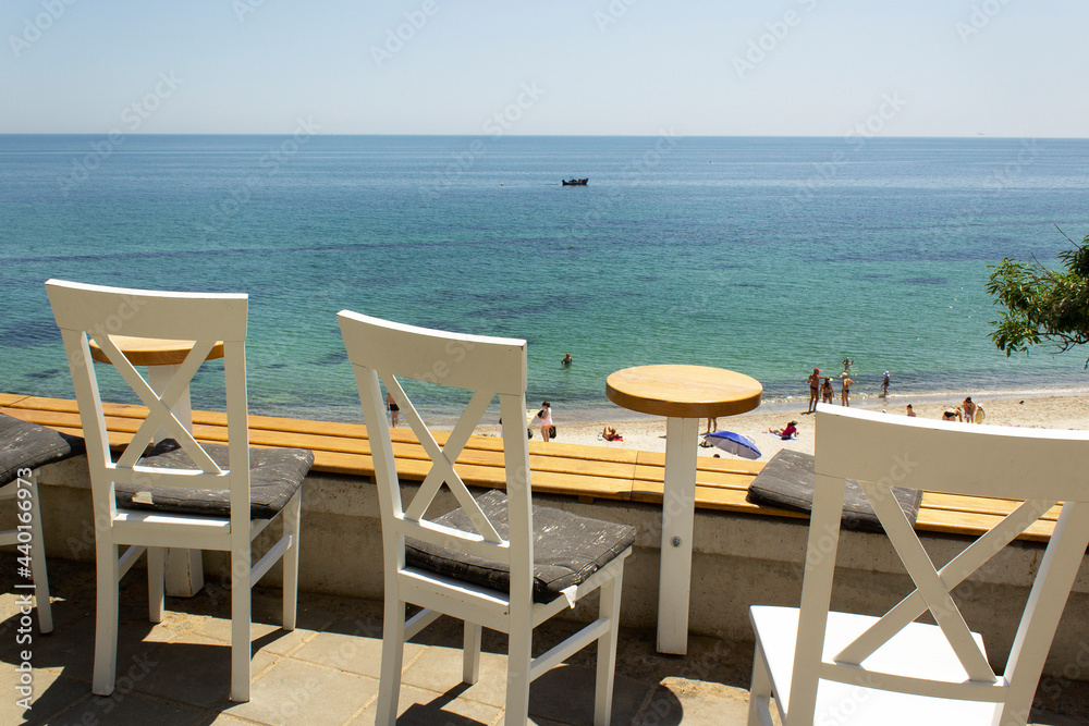 beautiful panorama sea water view from cafe summer terrace on  beach Balck sea resort