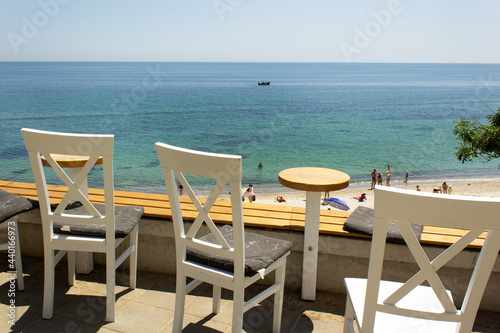 beautiful panorama sea water view from cafe summer terrace on beach Balck sea resort