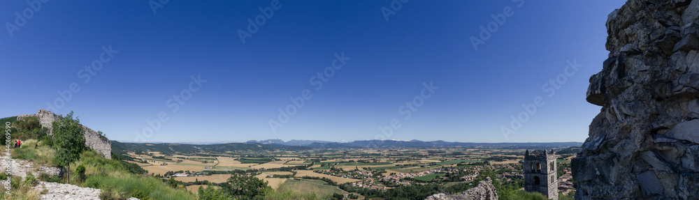 Panorama of landscape in Provence with old ruin walls under a clear blue sky near Marsanne, France
