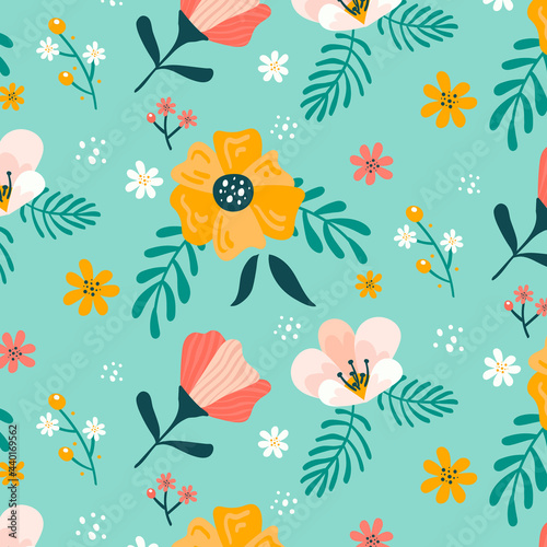 Seamless pattern with flowers. Yellow, pink and green floral design. Great for fabric and textile. © Viviana Mar