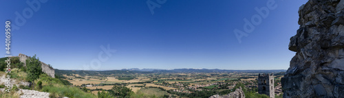 Panorama of landscape in Provence with old ruin walls under a clear blue sky near Marsanne, France