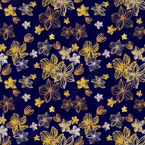Abstract flowers vector seamless pattern with drawing yellow, gold, silver, purple . Floral watercolor background and line art hand drawn illustration. Exotic flowering autumn texture