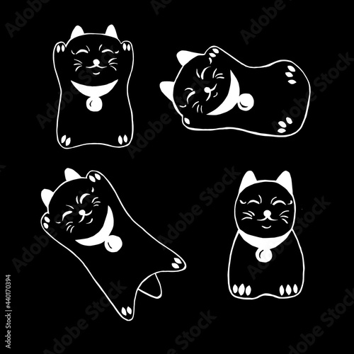 Set of vector images of maneki neko, lucky cat on black background