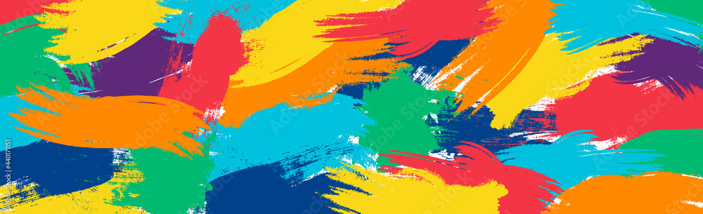 Realistic rainbow colored paint strokes on panoramic background - Vector - obrazy, fototapety, plakaty 