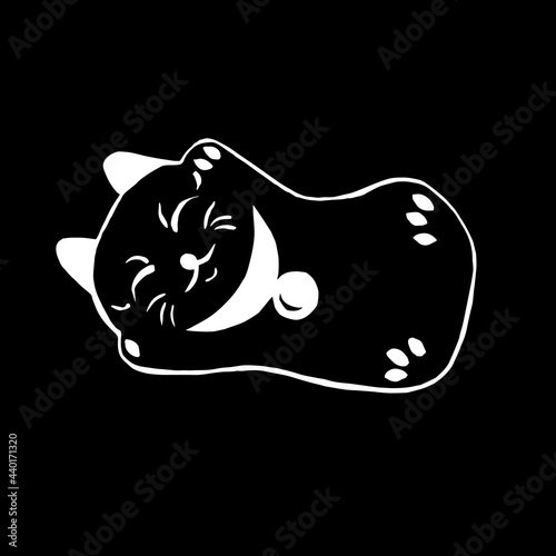 Vector image of an maneki neko lying on the side of a lucky cat on a black background