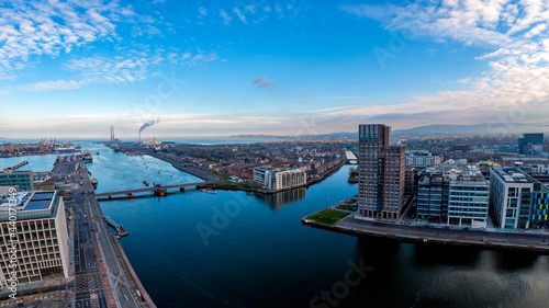 Dublin  Ireland - Aerial view of Dublin dockland district with the Capital Dock apartment block in the centre