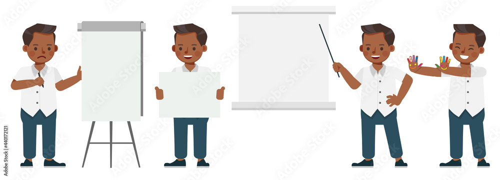Set of children character vector design. Boy wear white shirt and blue pants. Presentation in various action with emotions.