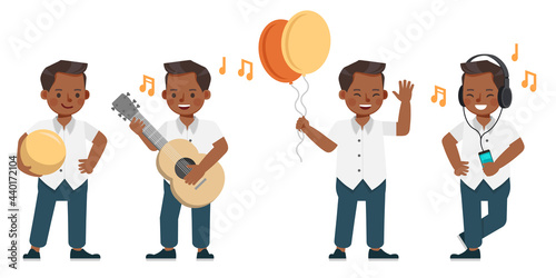 Set of children character vector design. Boy wear white shirt and blue pants. Presentation in various action with emotions.