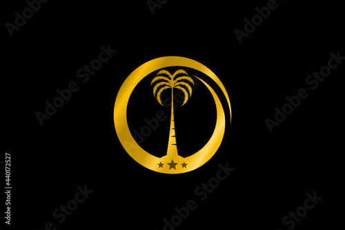 Golden color flat vector logo element with illustration of Date palm or coconut or palm tree in round frame.