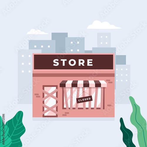 Store shop or cafe is bankrupt and closed. Locked door on a business that has gone bankrupt. Closing down concept.