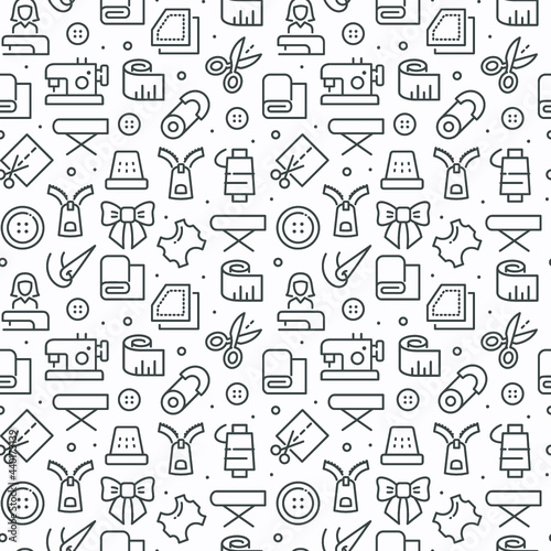 Vector sewing seamless pattern with thin line icons of tailor, iron, pin, cloth isolated on white.