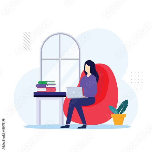 Girl with laptop on the chair. Freelance or studying concept. landing page website illustration flat vector template.