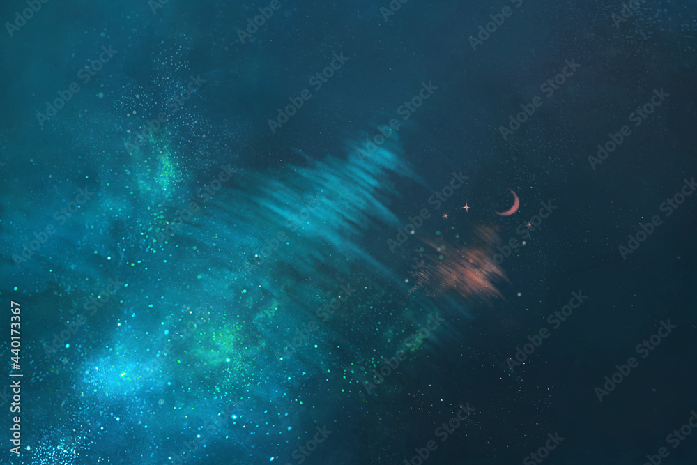 Obraz premium ターコイズブルーの水面に映る月と星の風景イラスト
