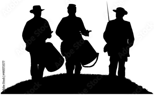 American Civil War drummer boys and soldier in black silhouette on white background 