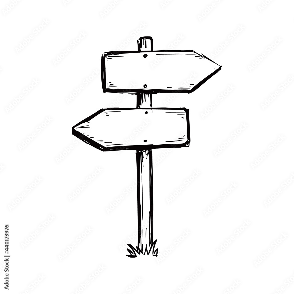 Sketch direction sign. Hand drawn doodle style. Wooden signpost. Vector illustration. Sketch direction sign. Hand drawn doodle style. Wooden signpost. Vector illustration.