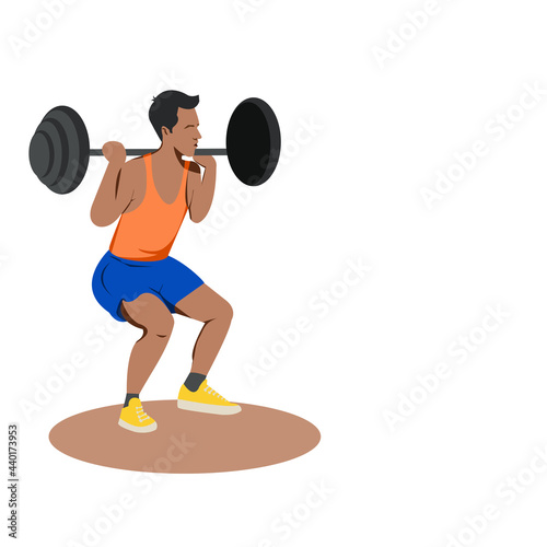 Cartoon young man wearing blue sports shorts Orange sleeveless sports shirt and yellow sneakers is lifting weights on white background. Vector isolate flat design concept for sport indoor or outdoor .