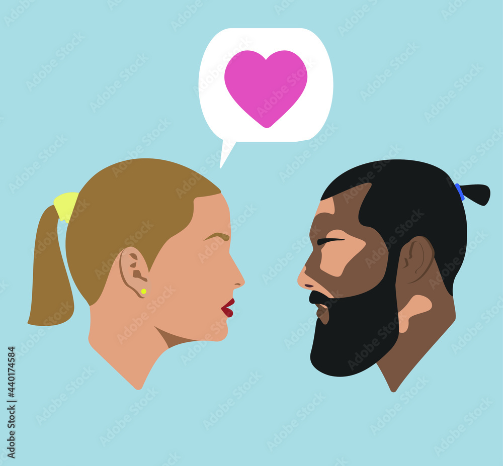 Portraits. Silhouettes of people with dialogue speech bubble. Girl says she loves a guy with vitiligo. Conversation. Love. Love without borders. Bearded man with vitiligo. 