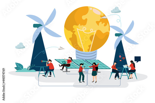 Flat illustration  the use of electricity generators with wind turbines and sunlight as future innovations help reduce global warming. environmentally friendly