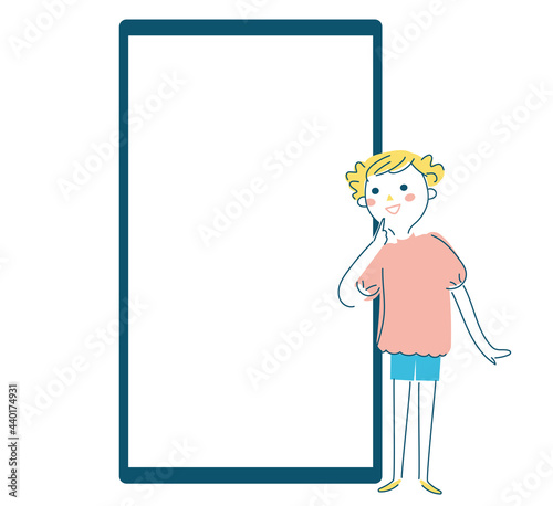 等身大のタブレットを興味深く見る子ども　イラスト
