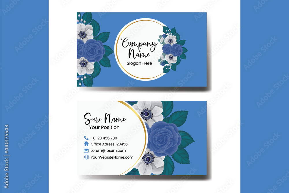 Business Card Template Blue Rose and Peony Flower .Double-sided Blue Colors. Flat Design Vector Illustration. Stationery Design