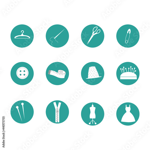Round icons with sewing tools. Scissors, mannequin, buttons and pins, thimble, hanger and dress. Vector illustration isolated. For use and design of social networks, stickers, tailor shops, sewing