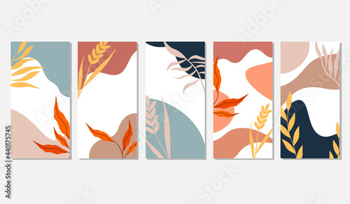 Set of patterns with abstract background and leaves. Spots and leaves on a white background. Vector illustration. For the use and design of social networks, cards and invitations, covers, banners and