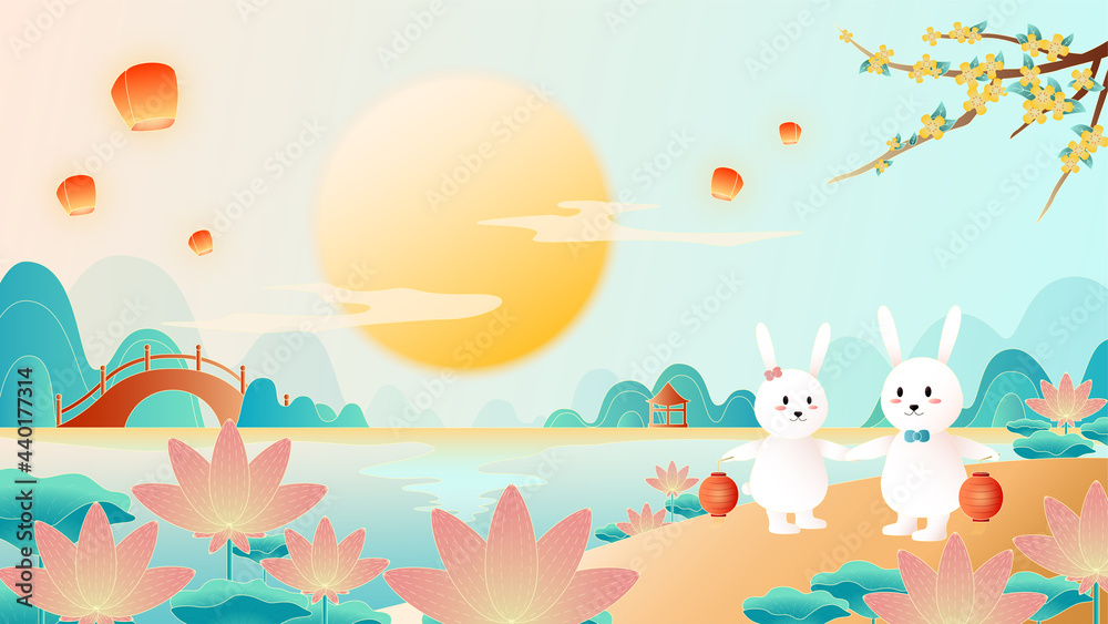 China chic illustration of Mid-Autumn Festival or Qixi Festival. Two bunnies admire the moon by the lotus pond.