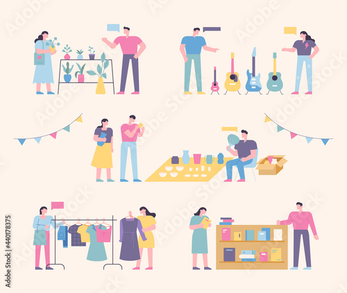 Flea market place. People who sell and people who buy second-hand goods. flat design style minimal vector illustration.