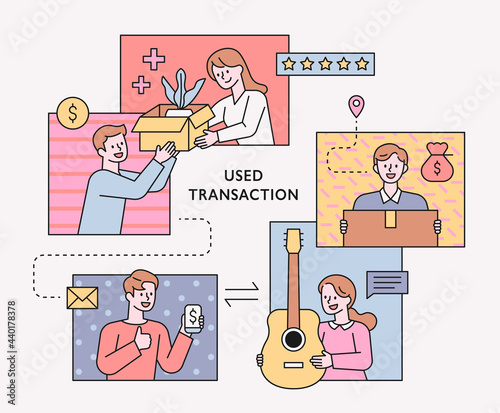 People selling or buying second-hand items online. People on the screen are exchanging goods. flat design style minimal vector illustration.