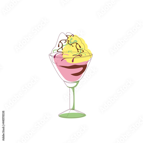 Strawberry-mango ice cream with chocolate in a clear glass, isolated on a white background. Vector illustration in the outline style