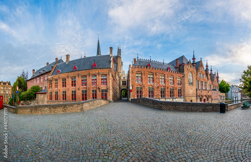 Morning panorama of Gothic town hall in Bruges. Belgium
