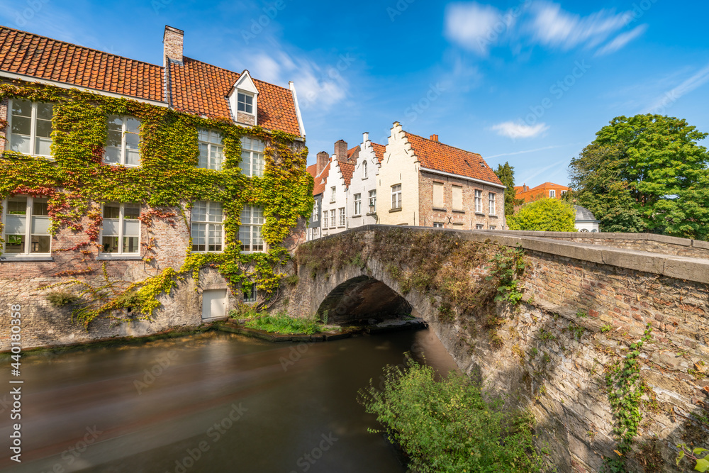 Traditional medieval architecture near Bruges canal. Belgium