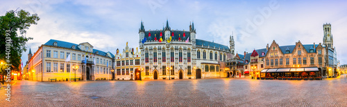 Burg Square panorama at dawn with Gothic town hall in Bruges. Belgium