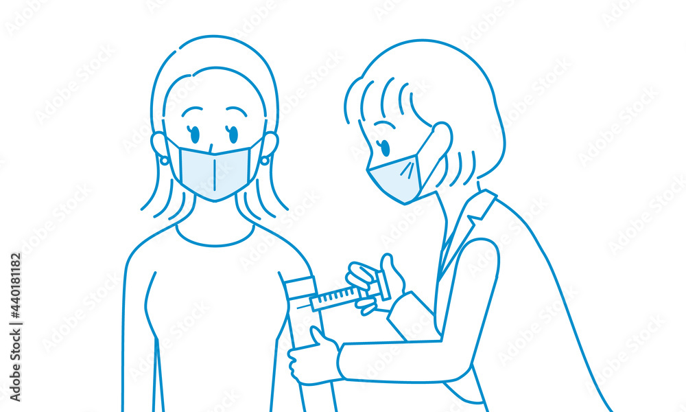 Fototapeta premium 注射を打ってもらうマスクをつけた女性のイラスト（ワクチン接種、予防注射 、医療）