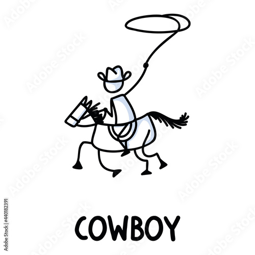 Black and white drawn stick figure of cowboy horseback rider text. Wild masculine stallion for monochrome folk icon sketchnote or illustrated scrapbook vector silhouette motif.