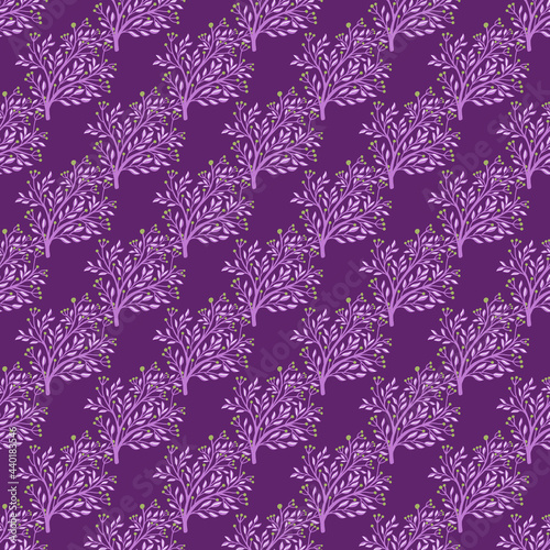 Bright shrub silhouettes abstract seamless doodle pattern. Purple background. Floral silhouettes backdrop.