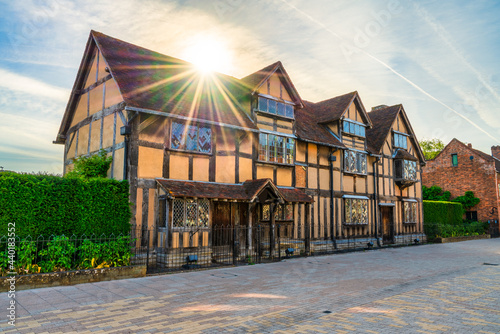 William Shakespeares birthplace place house at sunrise on Henley street in Stratford upon Avon in England, United Kingdom photo